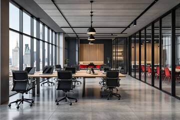 Contemporary office interior with open workspace, glass partitions, and city view, featuring modern design and stylish furniture in a corporate setting. Ai generative