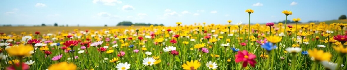 Obraz premium Field of colorful wildflowers stretching into the horizon with a clear blue sky in the background, sommerblumen, wiese