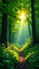 Fototapeta premium Sun-dappled green canopy, vibrant undergrowth, woodland, photo, environment