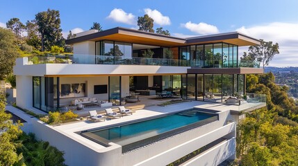 Fototapeta premium A luxurious modern home with a sleek exterior, a large balcony, and an infinity pool, perfect for blog posts or advertisements on upscale real estate. 