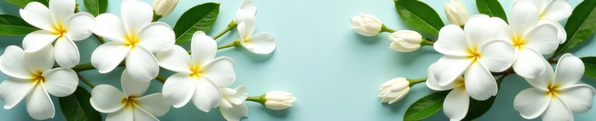 Obraz premium Flat lay arrangement of white jasmine flowers, showcasing the stunning local flora of Asia in a postcard style setting, jasmine, Asia