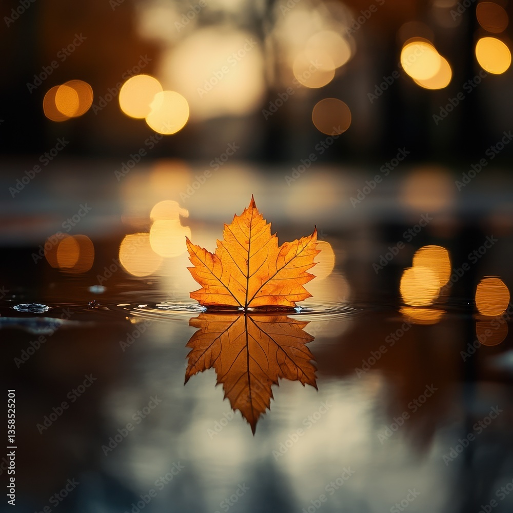 Poster autumn leaf floating on water with warm bokeh lights in the background.