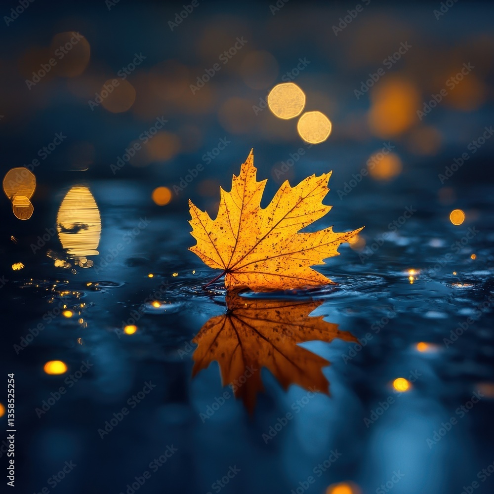 Poster golden maple leaf on water with reflections and bokeh lights in the background.