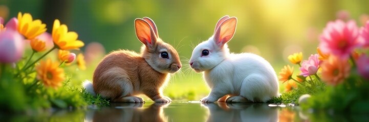 Fototapeta premium Two rabbits playing near colorful flowers; mirror shows their antics , animals, pretty