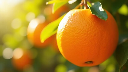Close-up: bright orange fruit on branch, textured skin, green leaves, blurred background, sunny day.