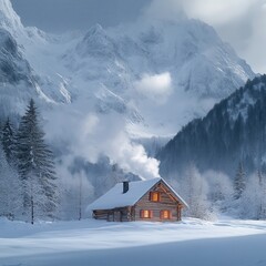 Fototapeta premium Cozy wooden cabin in snowy mountains, surrounded by tall trees and a serene winter landscape.