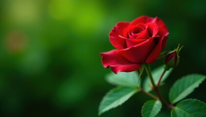 Velvet red rose bloom & tight bud, lush green foliage, growth, green