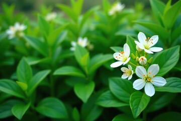 Flowering green bush with delicate white flowers,  blooming,  foliage