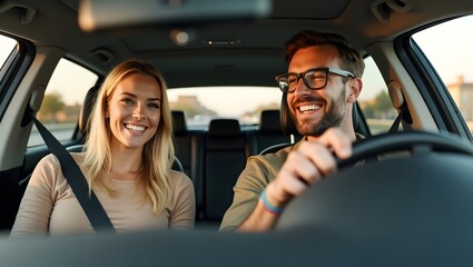 Joyride Journey: A beaming couple embarking on a road adventure, captured within the vehicle as they smile together.