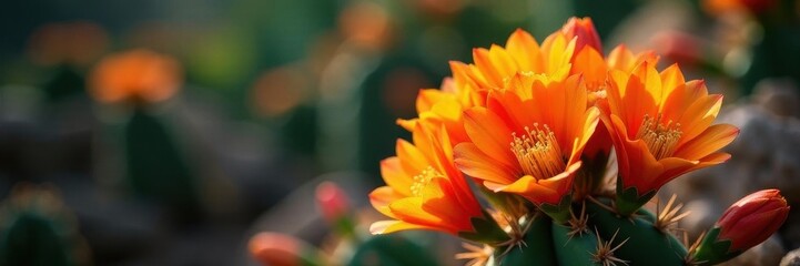 Fototapeta premium Vibrant orange torch cactus blooms clustered together , red, yellow