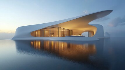 A modern architectural masterpiece with a white exterior and a stunning pool, beautifully lit by the golden hues of a serene morning.  