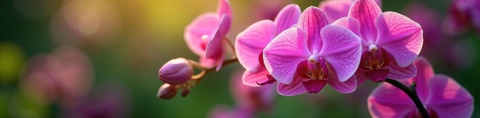 Obraz premium Vibrant orchids in full bloom, garden setting, leaves, element, purple