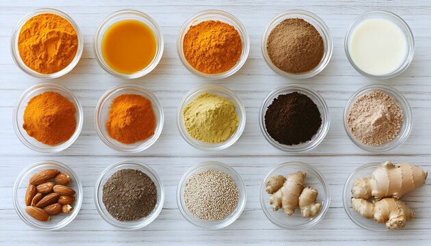 Various bowls showcasing an assortment of spices and ingredients for cooking