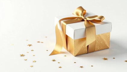 Elegant gold and white gift box with glitter texture, metallic ribbon bow, gold sparkles on white background, luxury festive elegance,  background,  bow