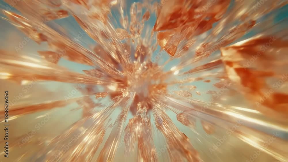 Poster vibrant orange crystals exploding with dynamic energy, shattering in slow motion and creating mesmer