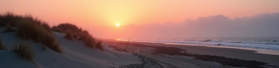 Foggy sunrise over sandy dunes by lakeside in Lakeside, Oregon, USA,  nature,  coast