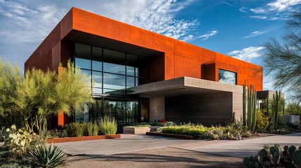 A modern residence with a sleek, bold facade, highlighted by a warm color scheme and intricate textures that emphasize attention to detail.  