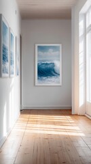 Obraz premium Minimalist Coastal Art Gallery with Ocean Wave Painting 