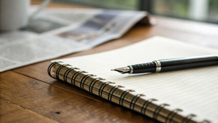 Close-up of journalist's pen and notebook on wooden desk with newspaper clippings, symbolizing press freedom and media reporting in modern society.