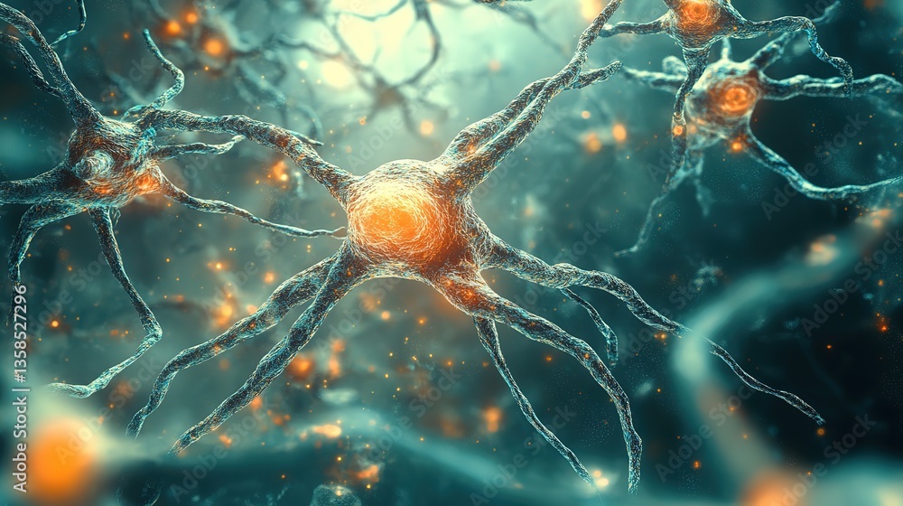 Poster exploring the intricate world of neurons cells, 3d stunning microbiology render of nerve cells backg