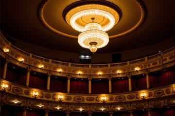 Obraz premium A Stunning Interior View of an Elegant Theatre with Grand Chandeliers and Opulent Décor, Showcasing Classic Architecture and Luxurious Atmosphere