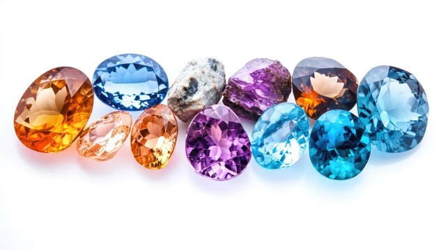 A variety of cut and polished topaz gemstones arranged in a row.