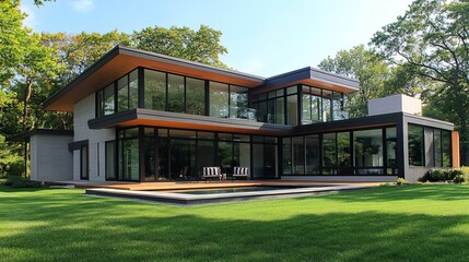 A sleek modern house with clean lines, large floor-to-ceiling windows, and a minimalist facade, perfect for highlighting contemporary architectural trends in articles or blogs.  