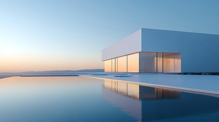 Fototapeta premium A sleek modern white villa with clean lines and large glass windows, illuminated by the golden hues of morning sunlight, overlooking a serene swimming pool. 