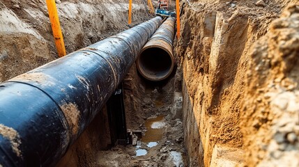 Industrial Underground Pipeline Construction with Engineering Drainage System and Professional Plumbing Installation.
