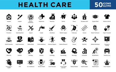 Health Care icons set with hospital, surgeon, general practitioner, pediatrician, pharmacy, dentist, doctor, reception desk, surgeon mask, medical uniform icon. Simple glyph vector 
