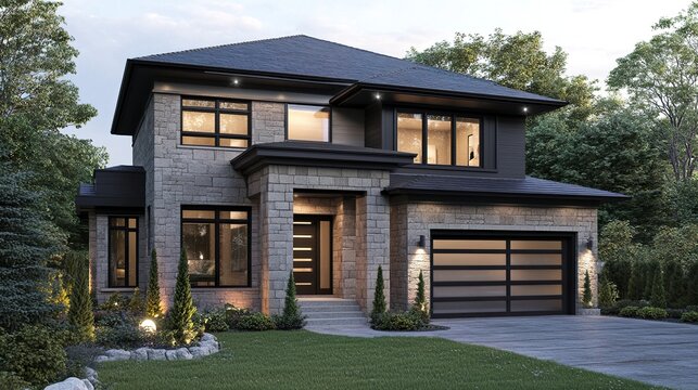 Fototapeta A sophisticated modern house with a bold, minimalist exterior, a warm palette of natural tones, and precision-crafted details for a timeless design. 