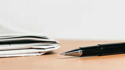Close-up of journalist's pen and notebook on wooden desk with newspaper clippings, symbolizing press freedom and media reporting in modern society.
