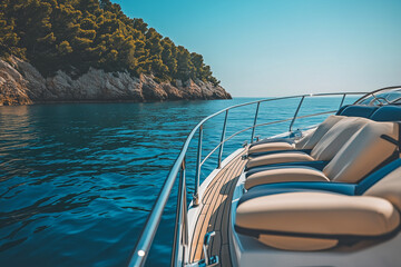 Obraz premium Luxury private yacht trip in summer, Front and side view of sailing boat on the ocean for recreation time in summer with cozy and relax vibe, Aerial view yacht with clear sea water.