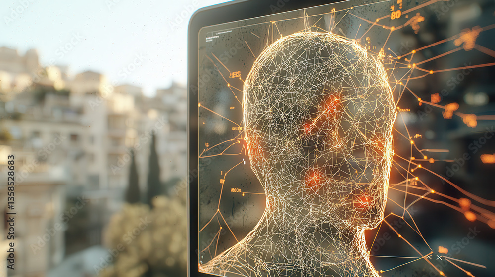 Poster futuristic digital interface displays glowing neural network in shape of human head, symbolizing ai 