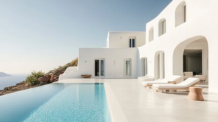 Obraz premium A striking white villa with a seamless connection to its swimming pool, both glowing softly under the radiant morning sun. 