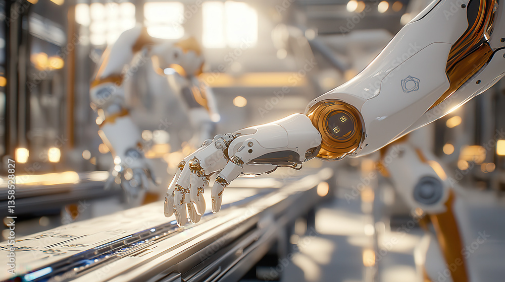 Poster robotic arm assembling high tech components in futuristic factory, showcasing advanced technology an