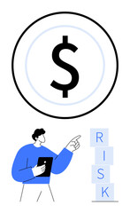 Obraz premium Man holding a tablet points to stacked RISK blocks under a large dollar symbol. Ideal for finance education, risk management, investment strategies, business analysis, economic concepts