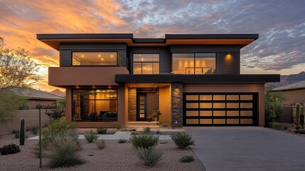 A stylish modern home featuring a dynamic facade with warm earthy colors, clean lines, and fine detailing that speaks to high-end architecture. 