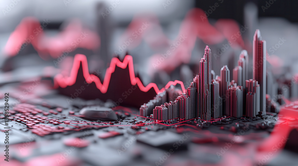 Poster futuristic cityscape with glowing red data visualizations, blending urban architecture and technolog