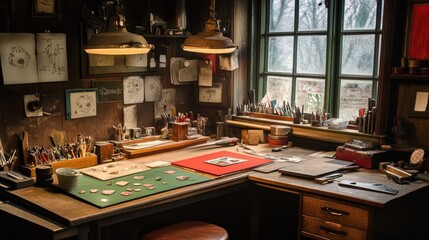 A workbench filled with specialized tools for faceting and shaping gemstones.