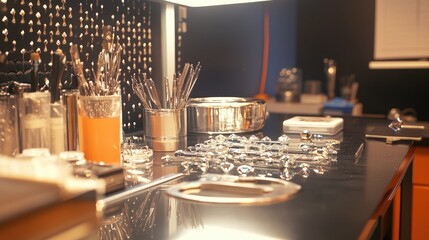 A workstation filled with gem-cutting tools, raw gemstones, and precision measuring instruments.