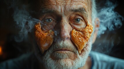 Obraz premium Elderly man with unusual facial attachments, smoky atmosphere