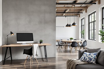 Contemporary office interior with a workspace, meeting area, and cozy seating. Wooden elements, neutral tones, and natural light enhance the modern design. Ai generative