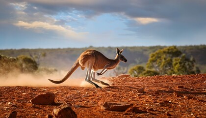 Energetic Kangaroo Bounding Over Rocky Australian Terrain in Motion