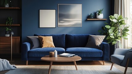 Deep blue sofa and recliner chair in Scandinavian apartment. Interior design of modern living room. 8k Resolution
