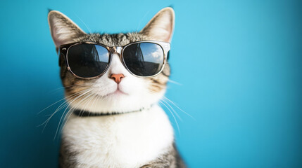 Naklejka premium Cool cat wearing sunglasses on blue background