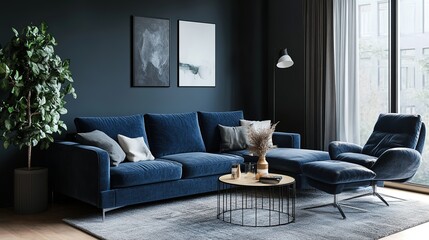 Deep blue sofa and recliner chair in Scandinavian apartment. Interior design of modern living room. 8k Resolution