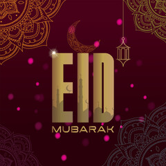 Eid Mubarak banner, Eid Mubarak  poster, Eid Mubarak card, Eid Mubarak template with lump, shine pink dots, mandala design, golden typography with beautiful dark red background with vector  
