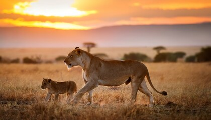 Lioness at Dusk: Teaching Her Cubs the Art of the Hunt