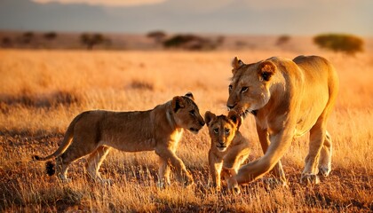 Sunset Lessons: A Lioness Guides Her Cubs on the African Plains